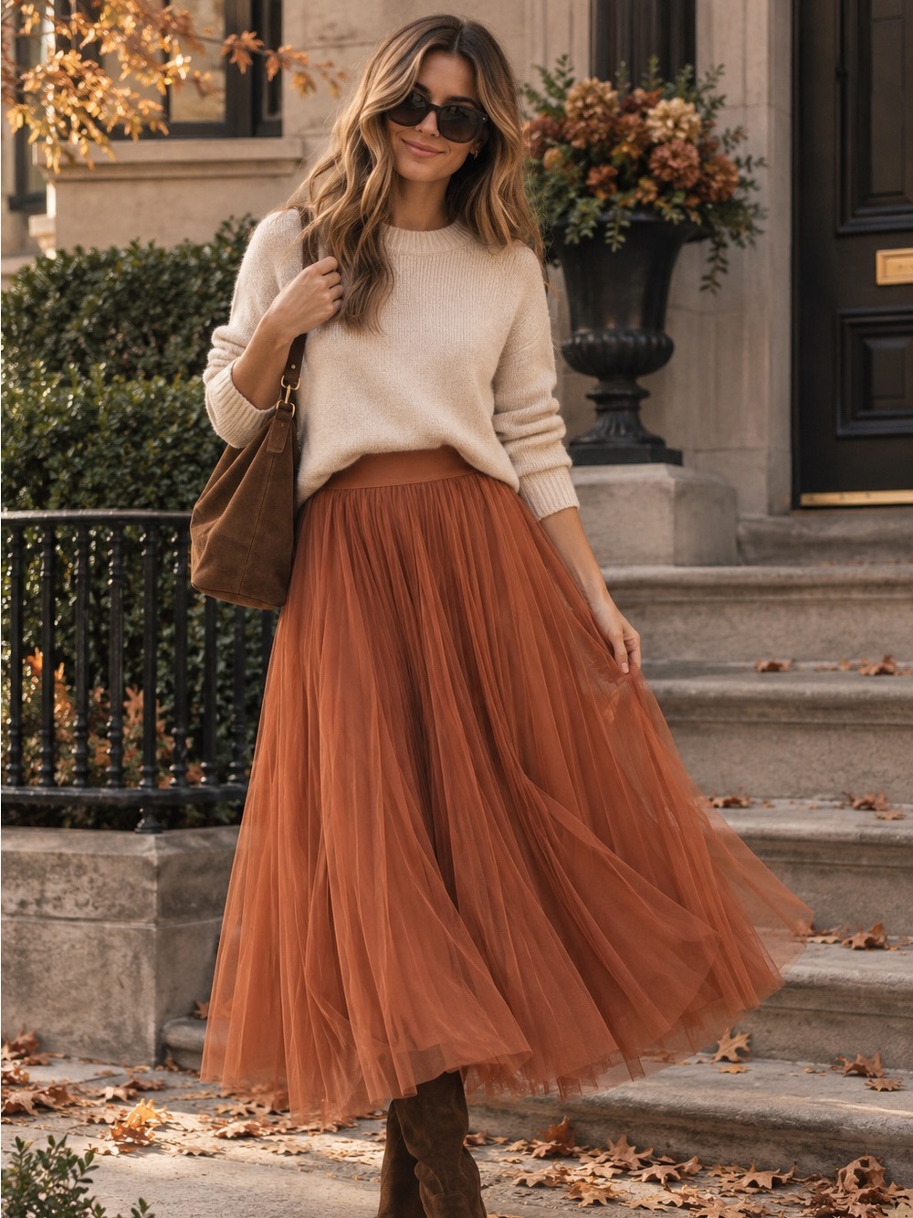 Preppy Layered Tulle Midi Skirt Romantic A-Line feminine fall rust orange